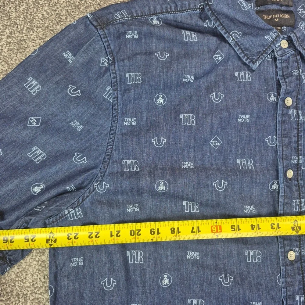 True Religion Button Up Shirt Mens 2XL Blue Cotton Silk Linen Blend Mono Print
